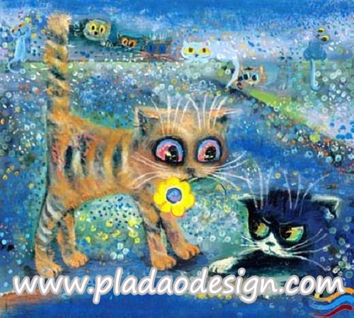 กระดาษสาพิมพ์ลาย สำหรับทำงาน เดคูพาจ Decoupage แนวภาพ การ์ตูนอย่างอา์ร์ต 2 แมวเหมียว ทะเลาะกัน แมวดำทำหน้าโกรธแมวทอง แมวทองคาบดอกไม้มาง้อแมวดำ