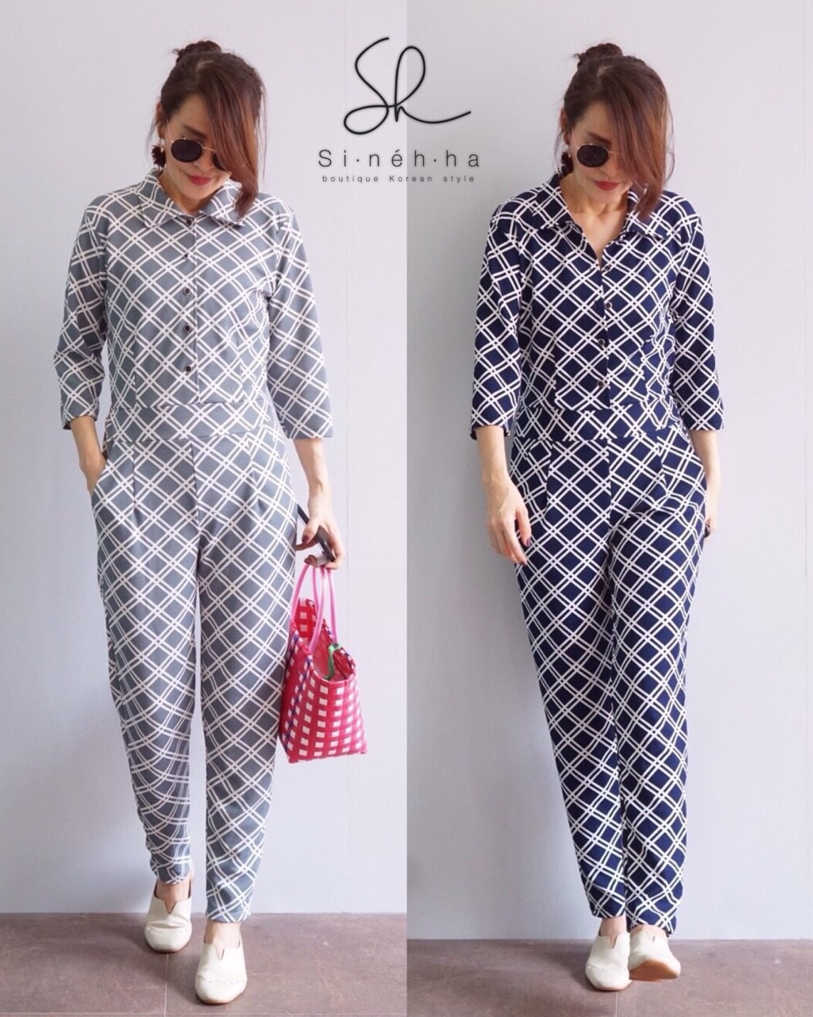 เสื้อผ้าเกาหลี พร้อมส่ง จั้มสูท ปริ้นลายสก้อต สี2โทน