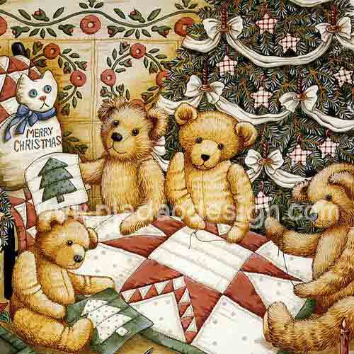 กระดาษสาพิมพ์ลาย rice paper สำหรับทำงาน hand made เดคูพาจ Decoupage แนวภาพ หมี Teddy ล้อมวงเย็บผ้านวมผืนใหญ่ใต้ต้นคริสมาสต์ (ปลาดาว ดีไซน์)