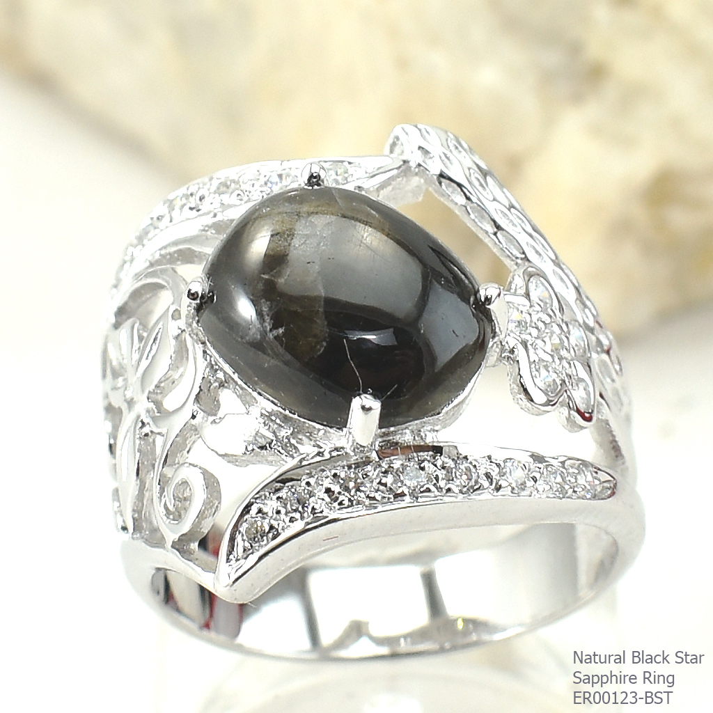 SKJewelryfactory แหวนเงินแท้ 92.5% ฝังพลอยสตาร์แซฟไฟร์แท้ สไตล์หรูหรา ER00123-BST