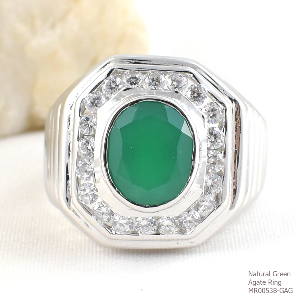 SKJewelryFactory แหวนชายล้อมเพชร พลอยกรีนอะเกทแท้ MR00538-GAG