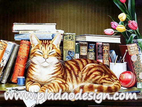 กระดาษสาพิมพ์ลาย สำหรับทำงาน เดคูพาจ Decoupage แนวภาำพ น้องแมวลายสวย นอนหลับตาพริ้ม เชิดๆเริ่ดๆ บนชั้นวางหนังสือ