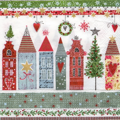 แนวภาพคริสต์มาส Christmas Town Winter Snow เป็นภาพแนวยาว กระดาษแนพกิ้นสำหรับทำงาน เดคูพาจ Decoupage Paper Napkins ขนาด 33X33cm