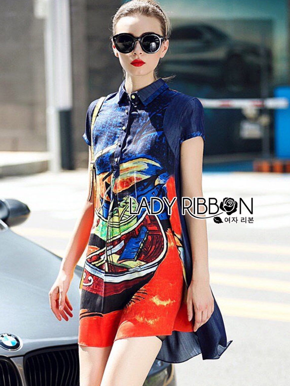 พร้อมส่ง เชิ้ตเดรสแขนสั้นพิมพ์ลายสีสดสไตล์ซัมเมอร์