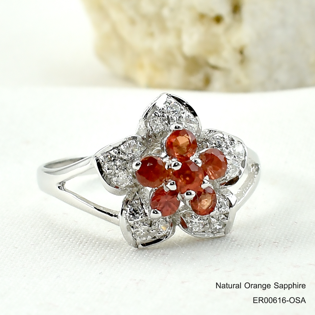 SKJewelryfactory แหวนเงินแท้ 92.5% ฝังพลอยบุษราคัมแท้สีส้ม ดีไซด์ตัวเรือนรูปดอกไม้ ER00616-OSA