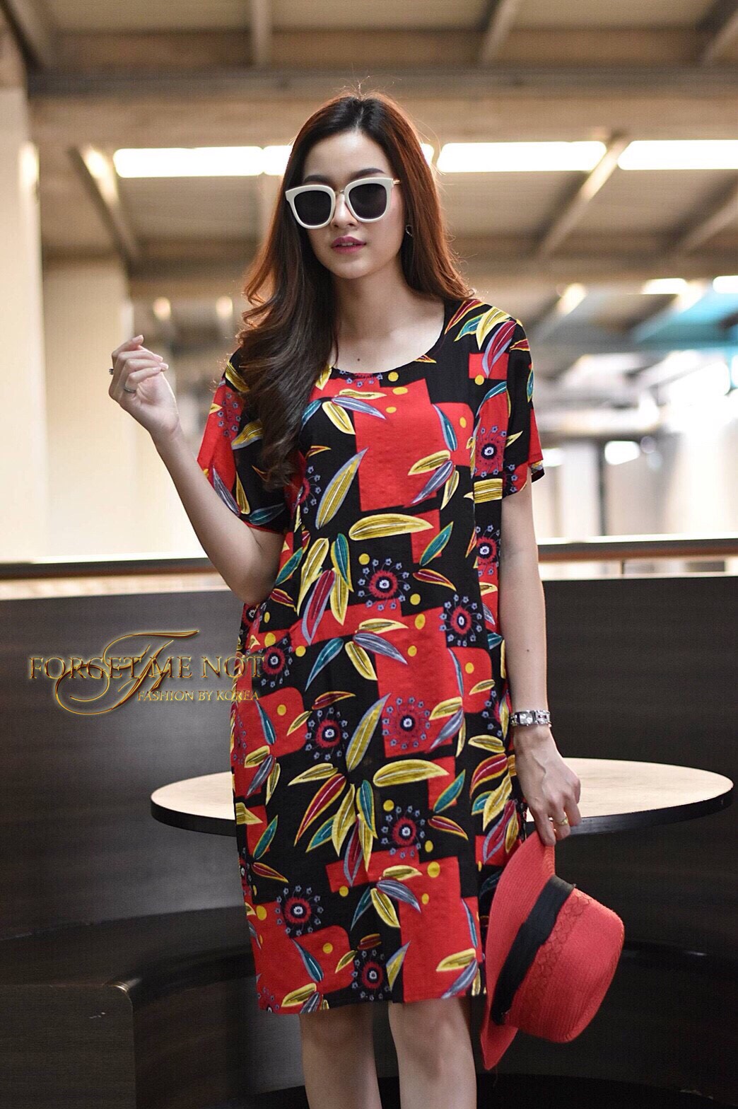 เดรสเกาหลี พร้อมส่ง Dress คอกลม เนื้อผ้าลินิน