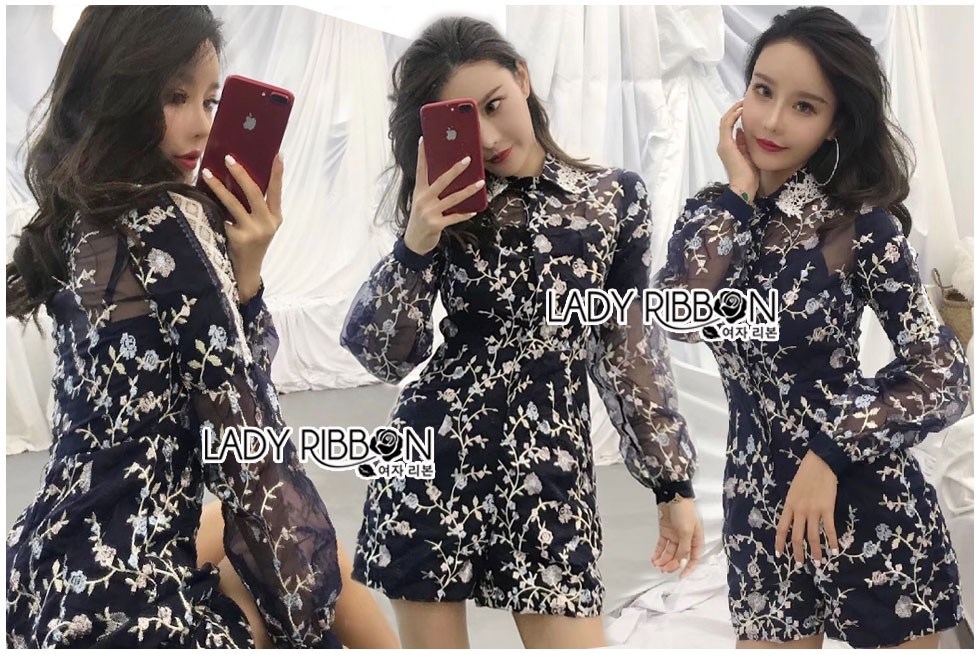เสื้อผ้าเกาหลี พร้อมส่ง จัมป์สูท ปักลายดอกไม้