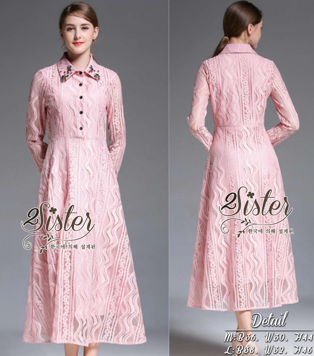 เดรสลูกไม้ พร้อมส่ง เดรสยาว ปกเสื้อปักลายดอกไม้