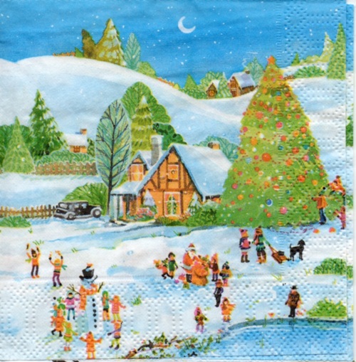 แนวภาพเทศกาลฤดูหนาว หิมะ กระดาษแนพคินสำหรับทำงาน เดคูพาจ Decoupage Paper Napkins เป็นภาพ 4 บล๊อค ขนาด 25X25 ซม