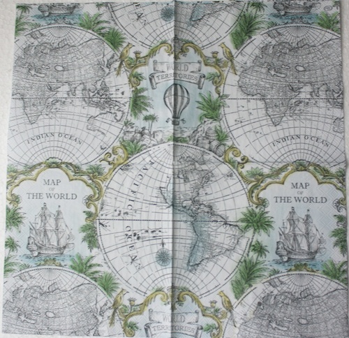 แนวภาพวินเทจ Vintage World Map พื้นครีม กระดาษแนพกิ้นสำหรับทำงาน เดคูพาจ Decoupage Paper Napkins ขนาด 33X33cm