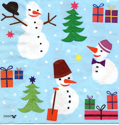 แนวภาพดคริสต์มาส Winter ตุ๊กตาหิมะ Snow Man ของขวัญ เป็นภาพครึ่งแผ่น กระดาษแนพกิ้นสำหรับทำงาน เดคูพาจ Decoupage Paper Napkins ขนาด 33X33cm