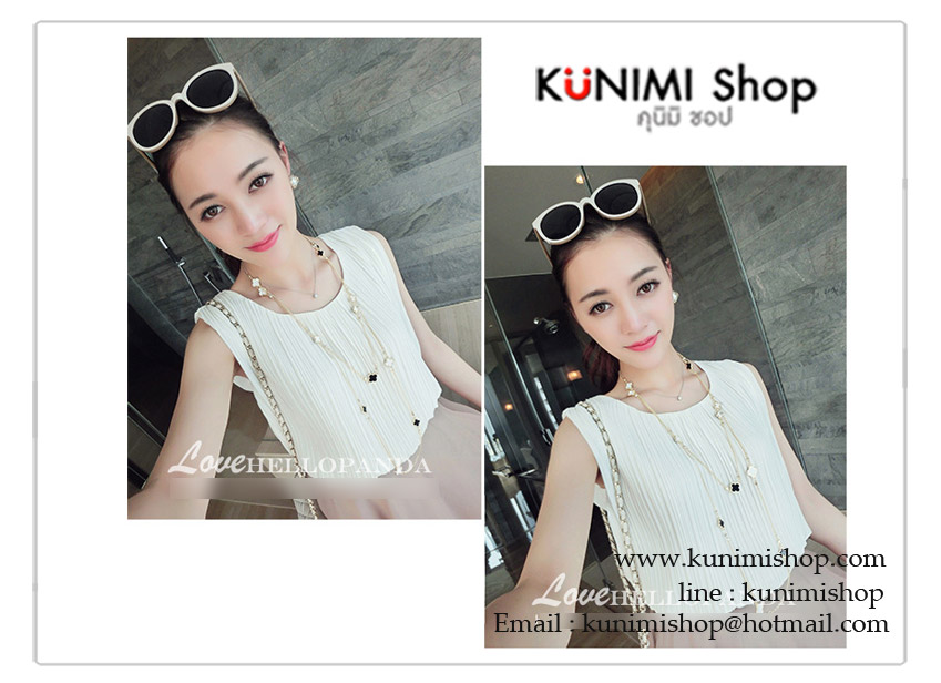  เสื้อคอกลม แขนกุด เนื้อผ้าอัดกลีบพีช สวย หวาน ขนาด : FREE SISE ( รอบอกไม่เกิน 35 นิ้วคะ) ผ้า : ผ้าชีฟอง 