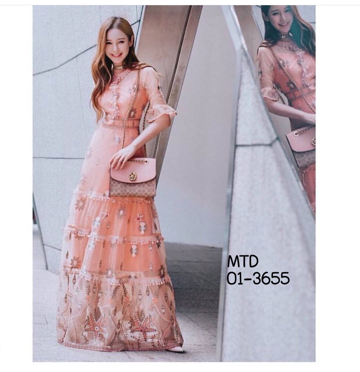 ชุดเดรสเกาหลี พร้อมส่ง ชุดแม็กซี่เดรสแขนยาว