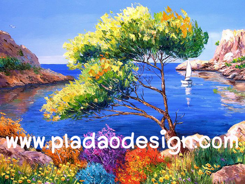 กระดาษสาพิมพ์ลาย สำหรับทำงาน เดคูพาจ Decoupage แนวภาำพ ภาพวาดสไตล์ยุโรปสีสันสดสวยน่ารักมากๆ แล่นเรือใบในทะเลคลื่นสงบใกล้เนินเขาเตี้ยๆ (ปลาดาวดีไซน์)