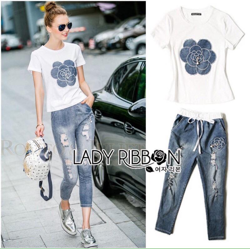 พร้อมส่ง เซ็ตเสื้อยืดสีขาวประดับตกแต่งดอกคามิลเลีย