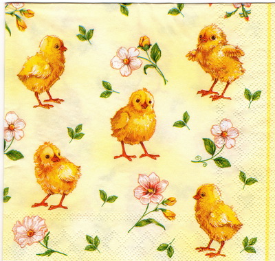 แนวภาพสัตว์ ลูกไก่ ลูกเจี๊ยบ กับดอกไม้ พื้นเหลือง การ์ตูน เป็นภาพเต็มแผ่น กระดาษแนพกิ้นสำหรับทำงาน เดคูพาจ Decoupage Paper Napkins ขนาด 33X33cm