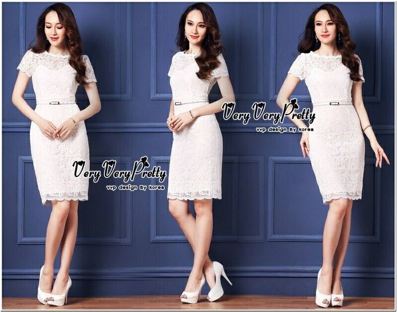 พร้อมส่ง เดรสลูกไม้แขนสั้นทรงสวย คอกลมแขนสั้น