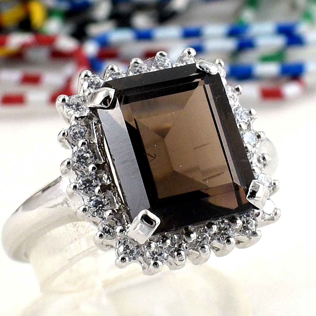 SKJewelryFactory แหวนเงินแท้ 92.5% แหวนพลอยหน้าสี่เหลี่ยม พลอยสโมกกี้ควอทซ์แท้ ER01140-SMQ