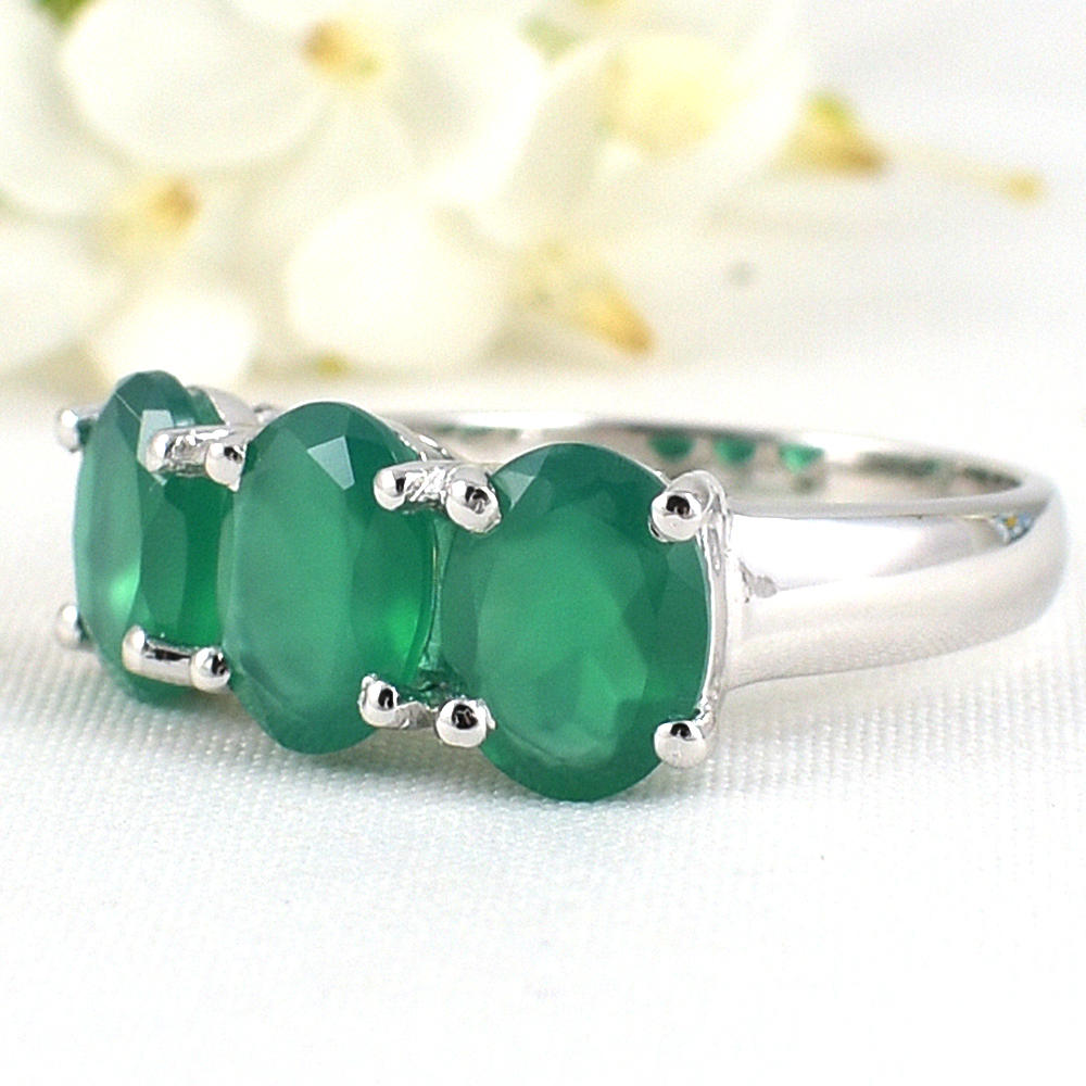 SKJewelryFactory แหวนพลอย3เม็ด พลอยกรีนอะเกทแท้ ER01769-GAG