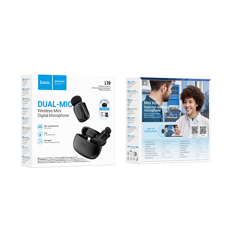 Hoco L19 wireless microphone (iP/Type-C) ไมค์ไลฟ์สด ไมค์หนีบปกเสื้อ 2in1