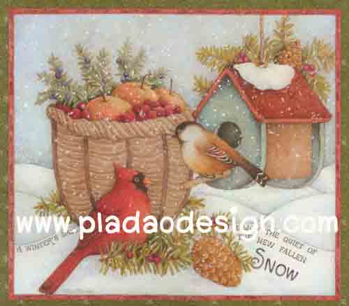 กระดาษสาพิมพ์ลาย สำหรับทำงาน เดคูพาจ Decoupage แนวภาำพ นกน้อยต่างสายพันธุ์ 2 ตัว นั่งคุยกันบนตระกร้าผลไม้ หน้าบ้านนก ท่ามกลางหิมะโปรยปราย (ปลาดาวดีไซน์)