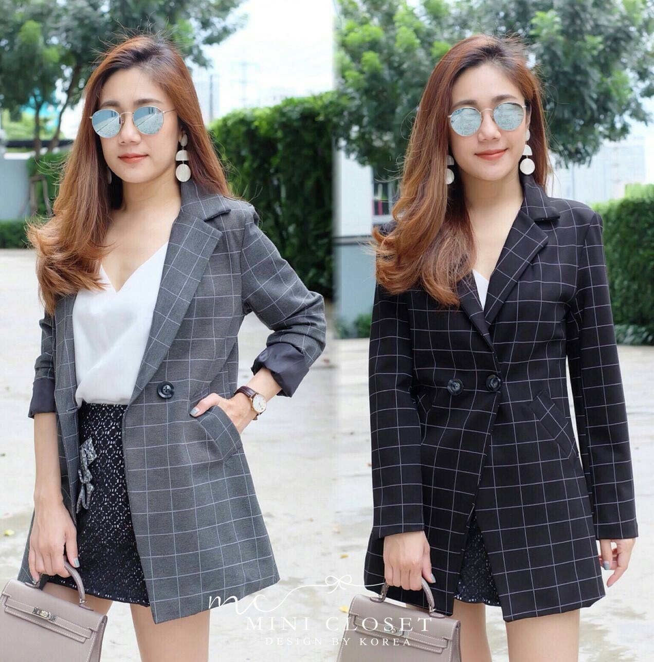 เสื้อเกาหลี พร้อมส่ง เสื้อBlazer ลายตาราง