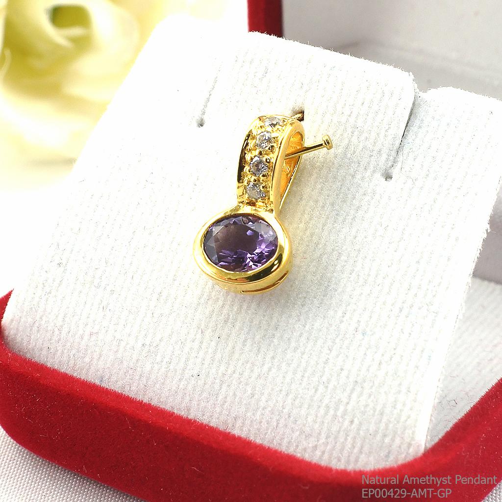 SKJewelryFactory จีพลอยแอมิทิสต์แท้และเพชร จี้เงินแท้ พลอยแอมิทิสต์แท้ ชุบทอง 1 ไมครอน EP00429-AMT-GP