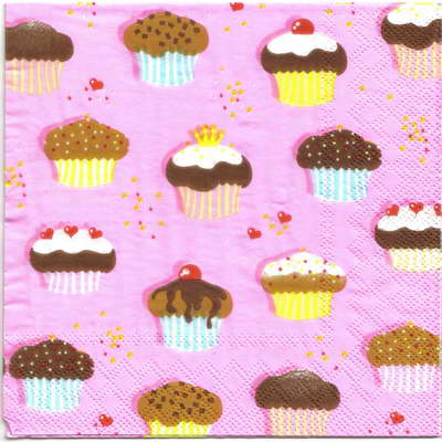 แนวภาพเค้ก Mini Cupcake การ์ตูน เป็นภาพแนวยาว กระดาษแนพกิ้นสำหรับทำงาน เดคูพาจ Decoupage Paper Napkins ขนาด 33X33cm