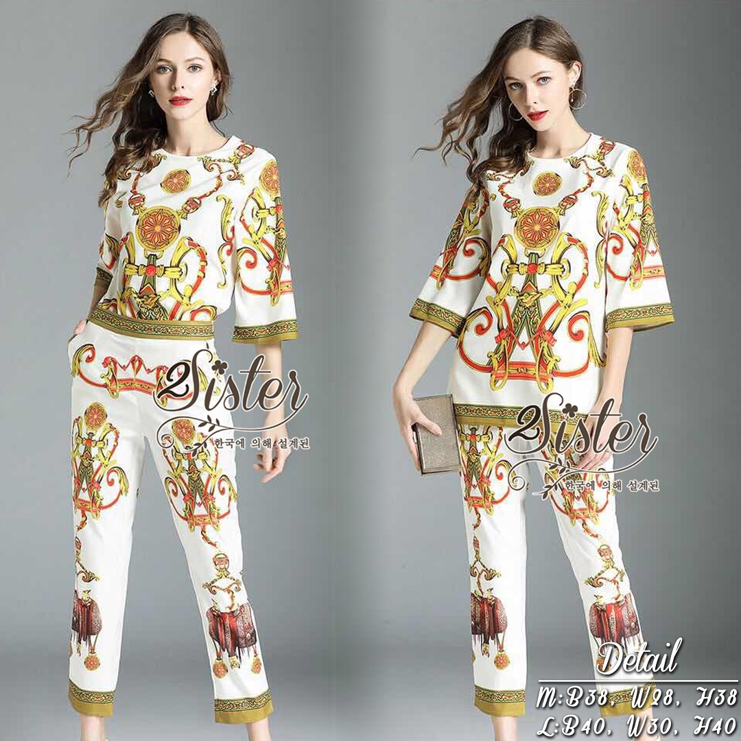 เสื้อผ้าเกาหลี พร้อมส่ง เซ็ตเสื้อ+กางเกง สีเหลืองทอง