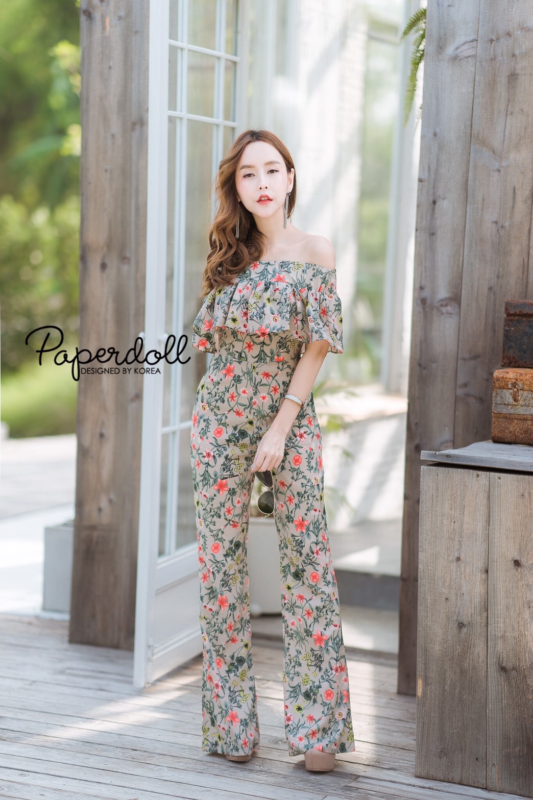 เสื้อผ้าเกาหลี พร้อมส่ง จั๊มสูท ปาดไหล่ขายาวพิมพ์ลายดอก