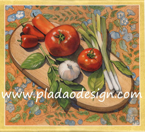 กระดาษสาพิมพ์ลาย สำหรับทำงาน เดคูพาจ Decoupage แนวภาำพ ภาพวาด วันนี้ทำอะไรกินดี มีมะเขือเทศ ต้นหอม พริกแดงวางรอยู่บนเขียง บนโต๊ะที่ปูผ้าลายดอกสีส้มอีกทีนึง (ปลาดาวดีไซน์)