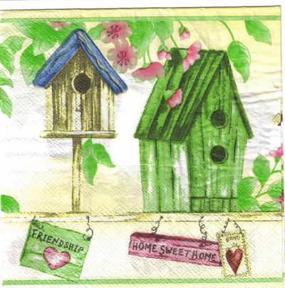 แนวภาพสวน บ้านนก Bird House Home Sweet Home เป็นภาพครึ่งแผ่น กระดาษแนพกิ้นสำหรับทำงาน เดคูพาจ Decoupage Paper Napkins ขนาด 33X33cm
