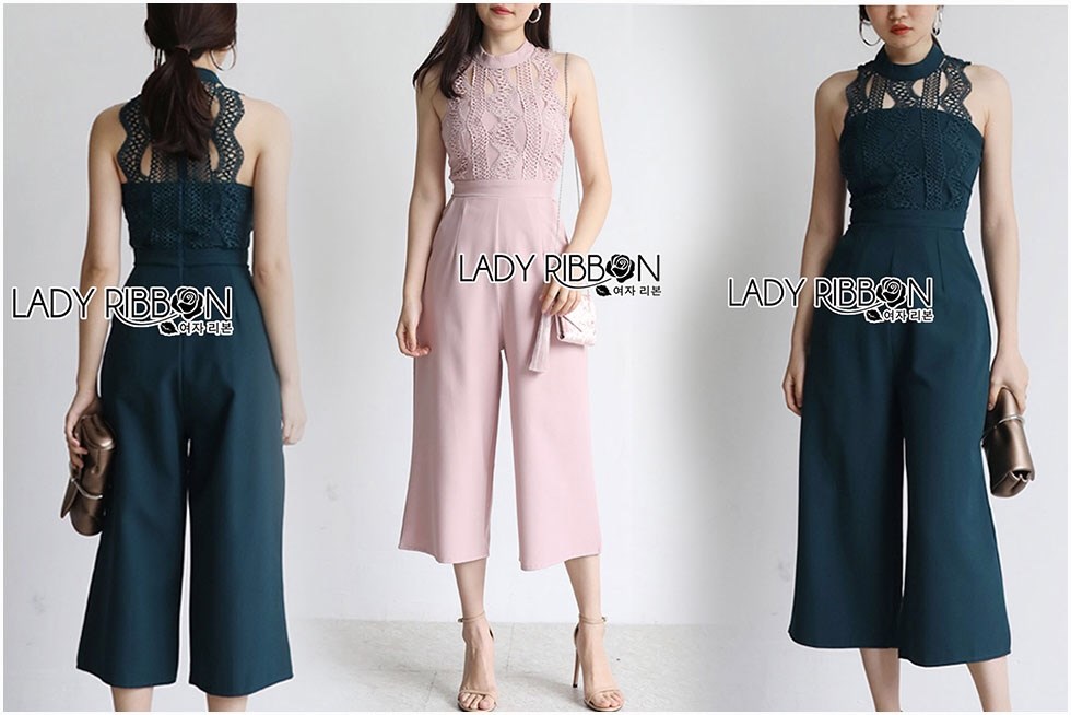 เสื้อผ้าเกาหลี พร้อมส่ง จัมป์สูท ผ้าเครปตกแต่งลูกไม้