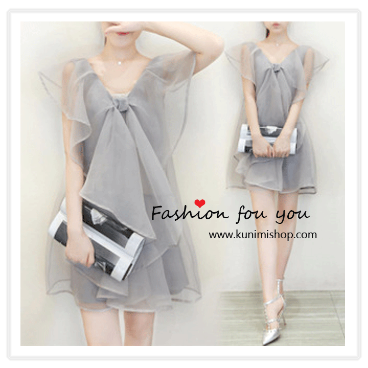 VJ002 ชุดเดรสสั้น สีเทา ผ้าชีฟอง พริ้วสวย ตัดแต่งด้านหน้าด้วยโบว์ สวยมากคะ