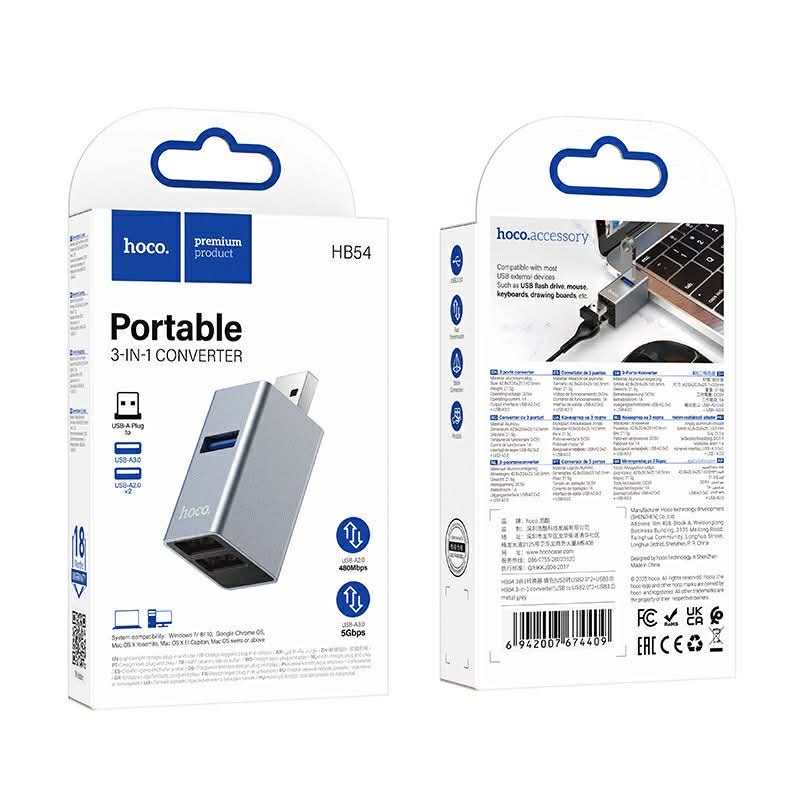 Hoco HB54 Portable 3IN1 CONVERTER อะแดปเตอร์แปลงพอร์ต USB-A เป็น 1x USB-A 3.0 และ 2x USB-A 2.0