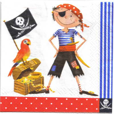 แนวภาพทะเล เด็กชายโจรสลัด กับหีบสมบัติ การ์ตูน Pirate เป็นภาพบล็อค 4 กระดาษแนพกิ้นสำหรับทำงาน เดคูพาจ Decoupage Paper Napkins ขนาด 33X33cm