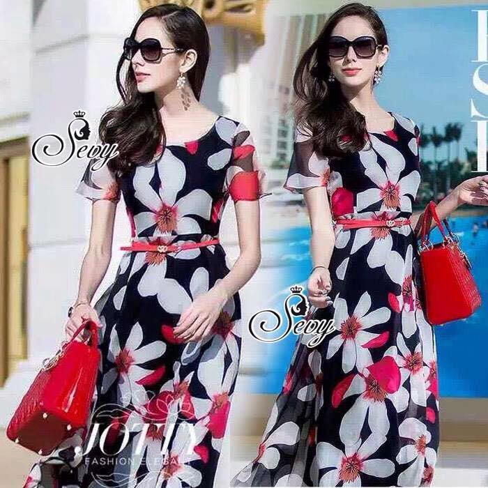 พร้อมส่ง Maxi เนื้อผ้าชีฟองฝรั่งเศษ