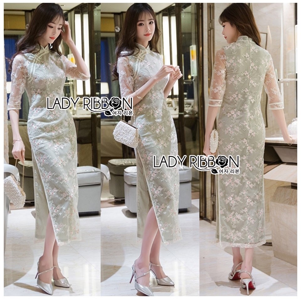 เดรสเกาหลี พร้อมส่ง เดรสผ้าลูกไม้ สีพาสเทลทรงกี่เพ้า