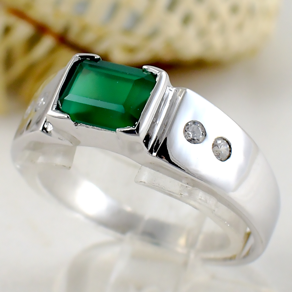 SKJewelryFactory แหวนพลอยเหลี่ยม แหวนเงินแท้ 92.5% ฝังพลอยกรีนอะเกทแท้ ER02351-GAG