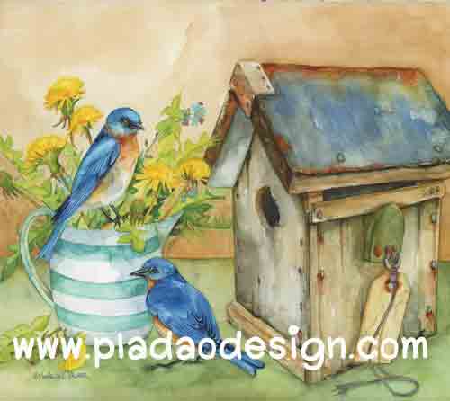 กระดาษสาพิมพ์ลาย สำหรับทำงาน เดคูพาจ Decoupage แนวภาำพ นกน้อยสีฟ้า 2 ตัว นั่งคุยกันอยู่บนบัวรดน้ำสังกะสีปลูกดอกไม้ หน้าบ้านนก สีสวยหวาน (ปลาดาวดีไซน์)