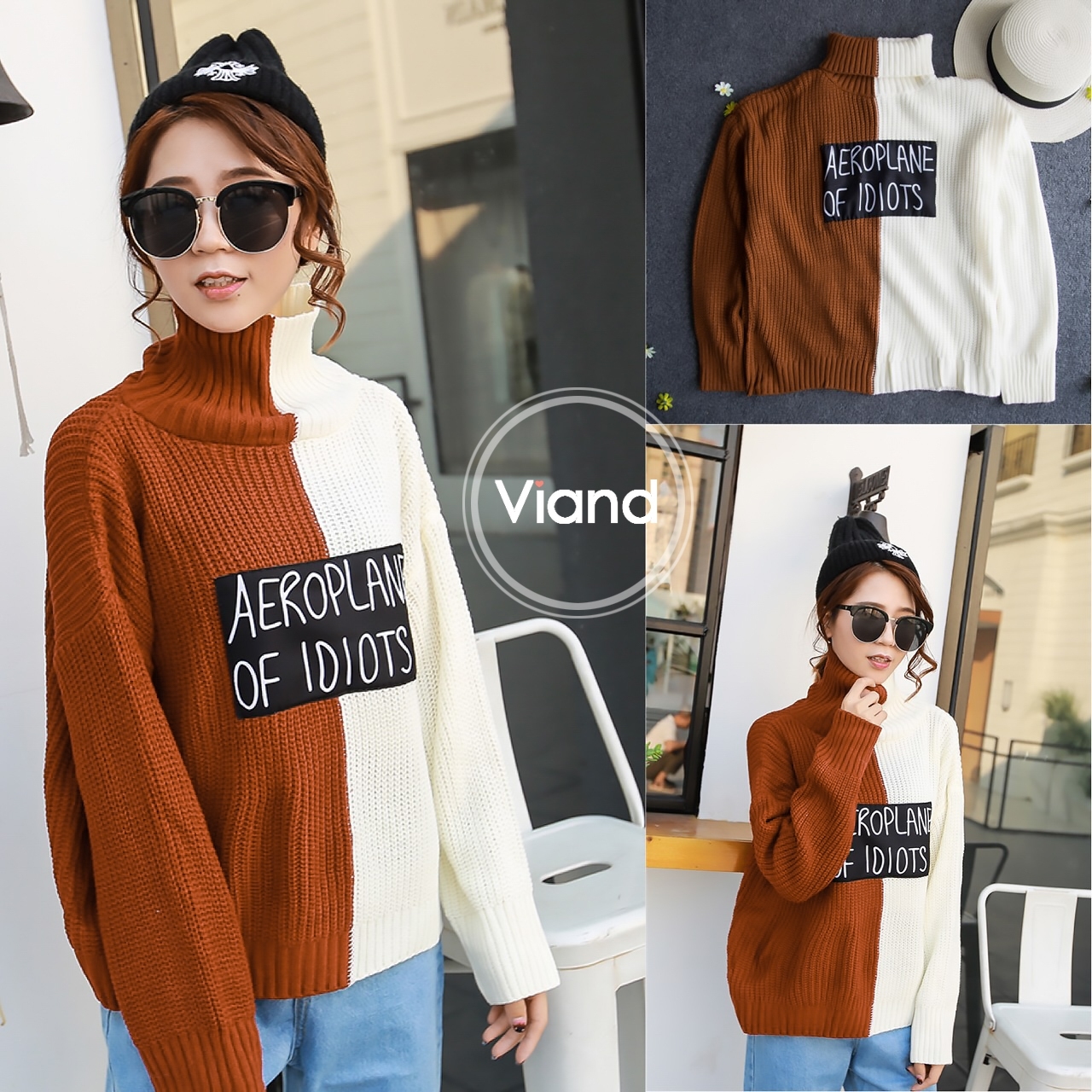 เสื้อเกาหลี พร้อมส่ง เสื้อไหมพรมถักแน่น สีทูโทน