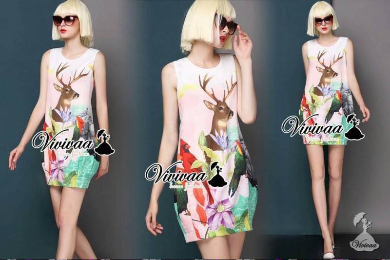 พร้อมส่ง เดรสแขนกุด สวยๆ ด้วยงานพิมพ์ลายกวาง