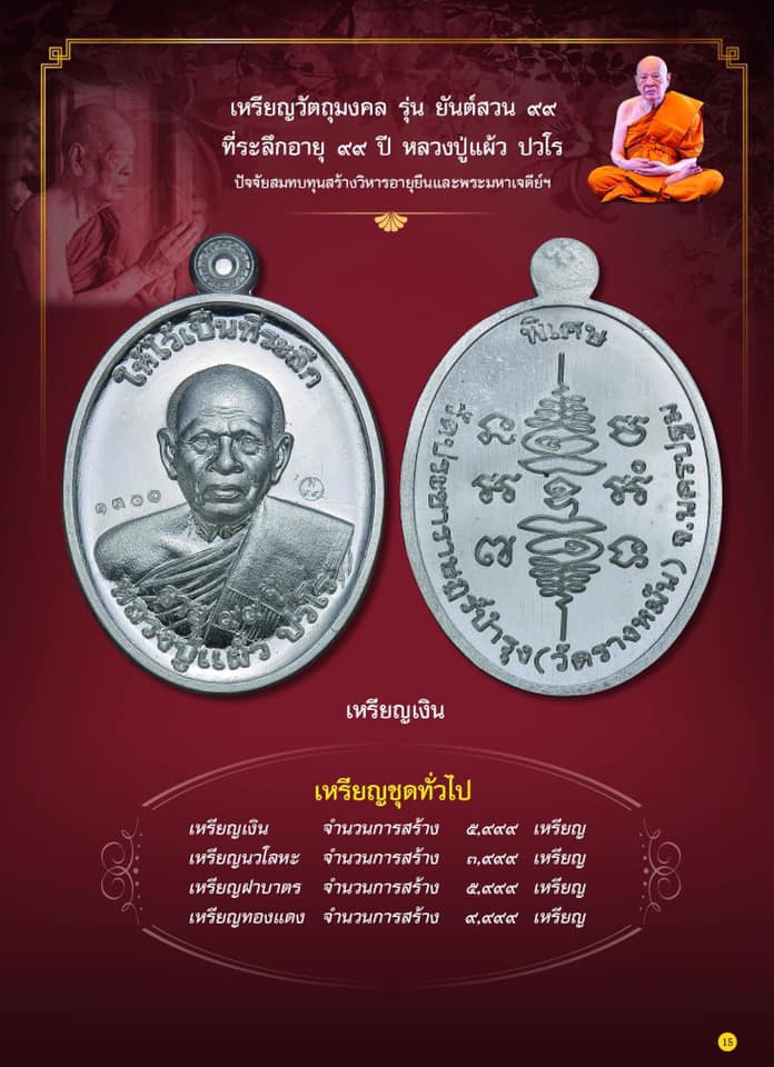 หลวงปู่แผ้ว ปวโร เหรียญยันต์สวน ๙๙ปี เนื้อเงิน วัดรางหมัน จ.นครปฐม