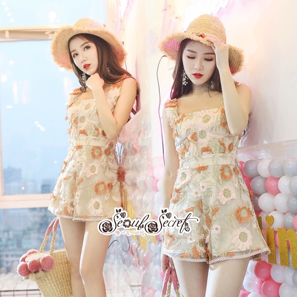 เสื้อผ้าเกาหลี พร้อมส่ง จั๊มสูท ขาสั้นเนื้อผ้าTulle