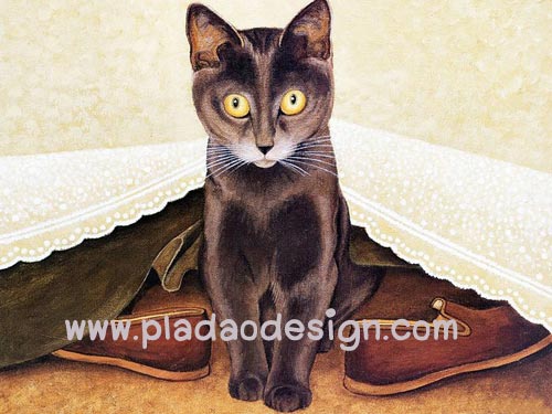 กระดาษสาพิมพ์ลาย สำหรับทำงาน เดคูพาจ Decoupage แนวภาพ แมวสีสวาดตากลมโตสีเหลือง แอบอยู่ใต้ผ้าคลุมโต๊ะลายลูกไม้