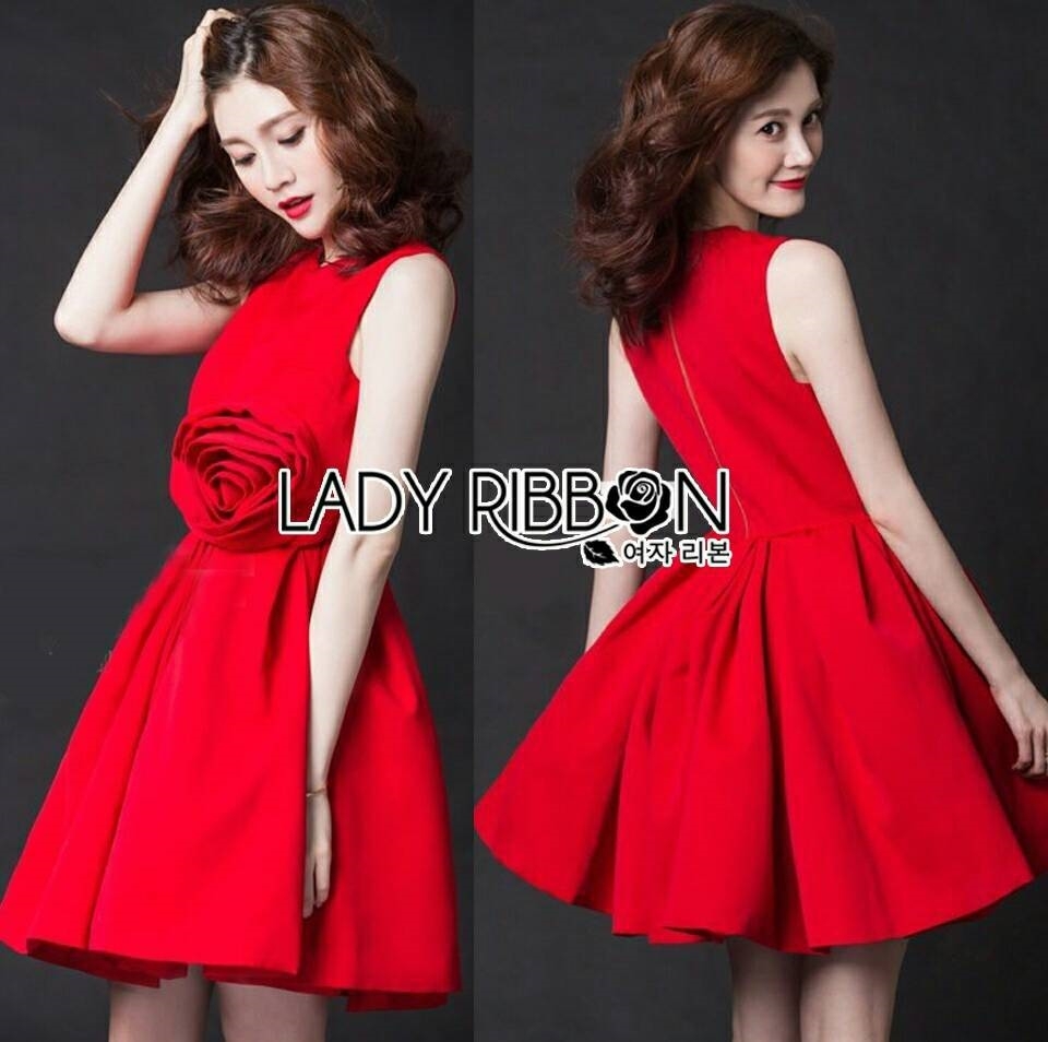 ชุดเดรสเกาหลี พร้อมส่ง เดรสคัทเอ้าท์เอว สีแดงสการ์เล็ต
