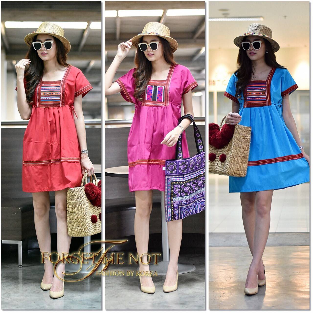 เดรสเกาหลี พร้อมส่ง Dress คอเหลี่ยม แขนสั้น