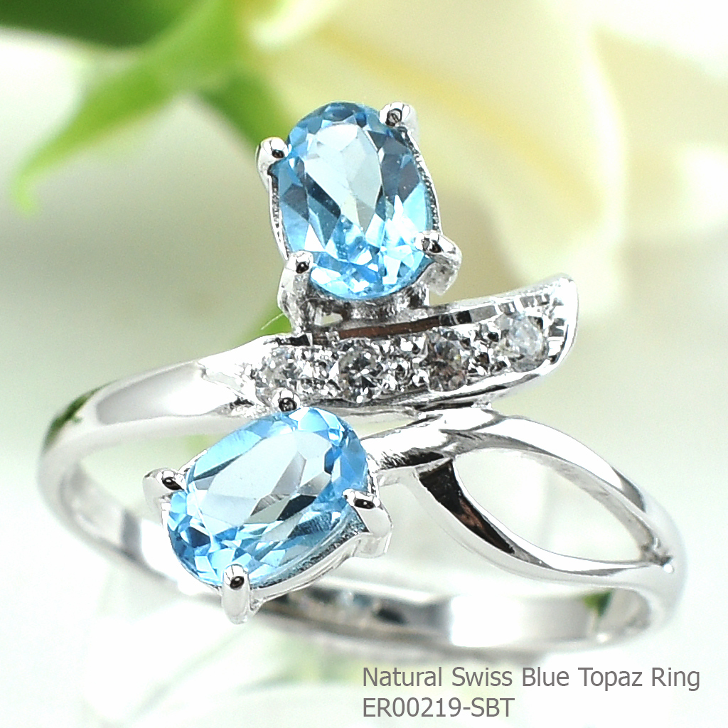 SKJewelryFactory แหวนเงินพลอยสวิสบลูโทปาซแท้ สไตล์แหวนพลอยคู่ ER00219-SBT