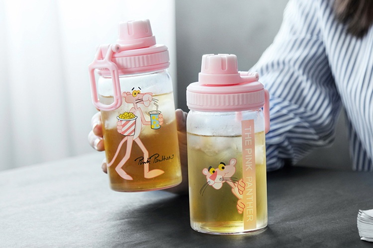 ขวดน้ำ ขวดนม Pink Panther พกพา แก้ว borosilicate ฝาดื่ม หมุนปิด มี 2 ขนาด 400 /500 ml.