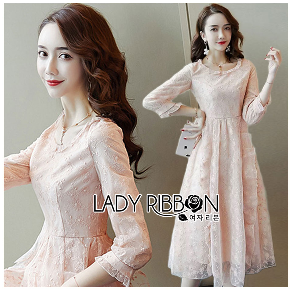 เดรสผ้าลูกไม้ พร้อมส่ง เดรสสีขาว ทับผ้าเครปชมพุ